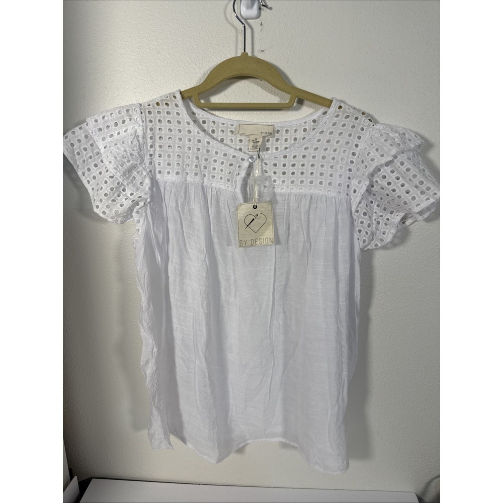 NWT By Design Womens‎ Top Flutter Sleeves White Key Hole Opening Med P1